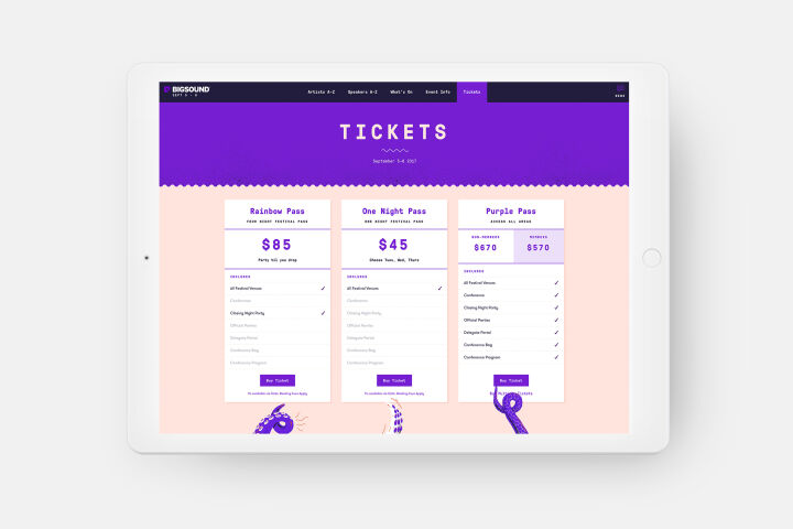 An iPad depicting the Bigsound ticketing page design. 